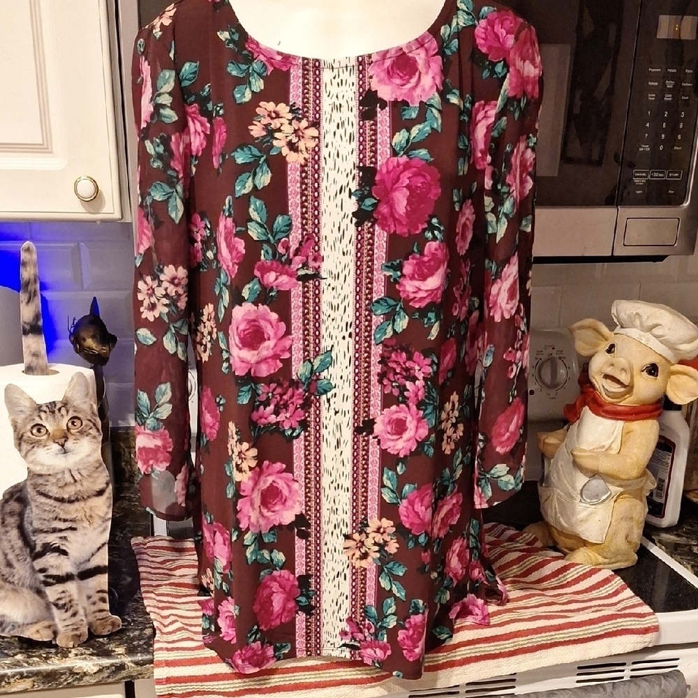 f JM Collection Floral Blouse - 3/4 Sleeve Stretch Top XL.  EUC